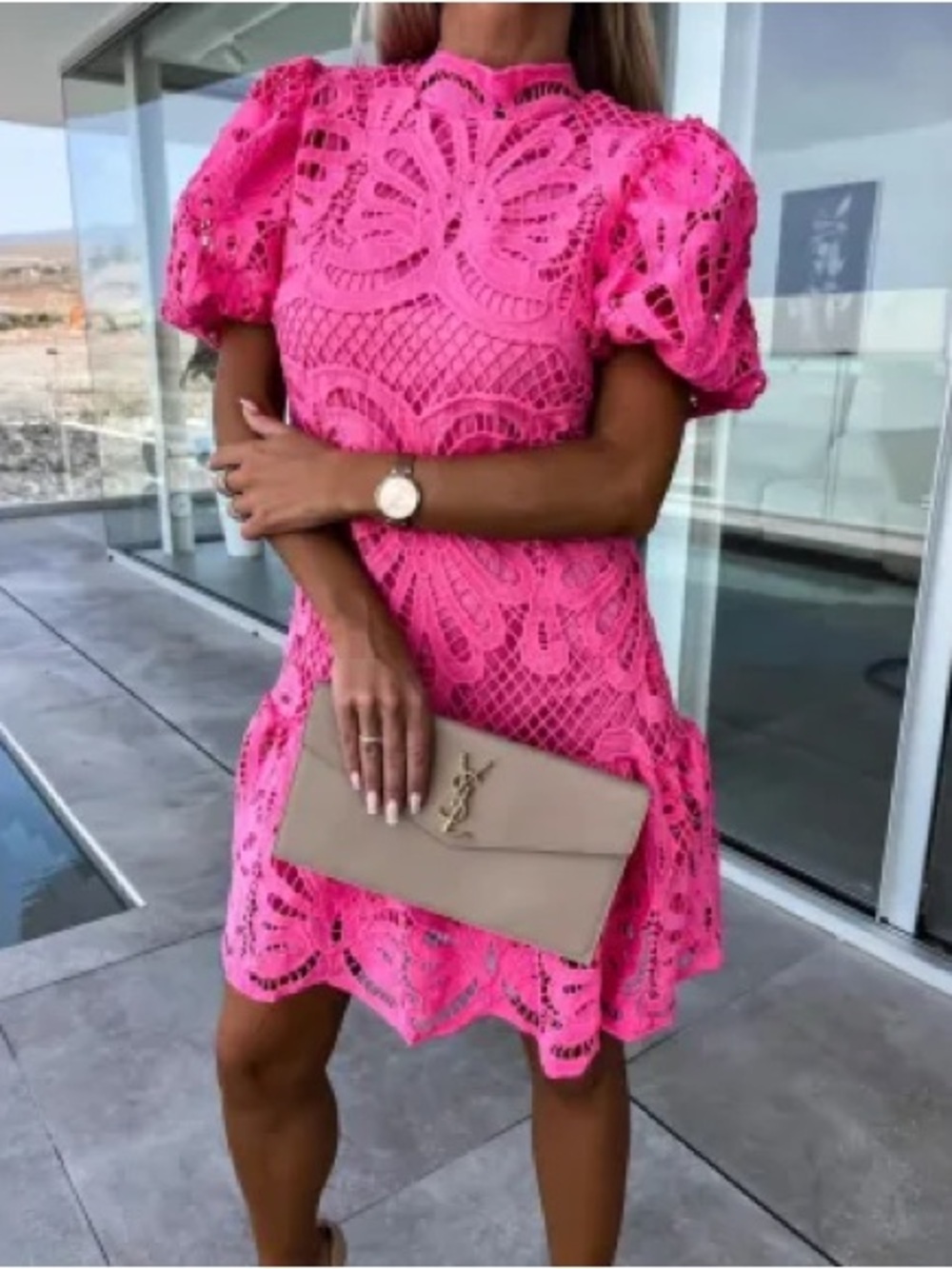 SHEIN Fuchsia Crochet Lace Mini Dress (NEVER WORN)